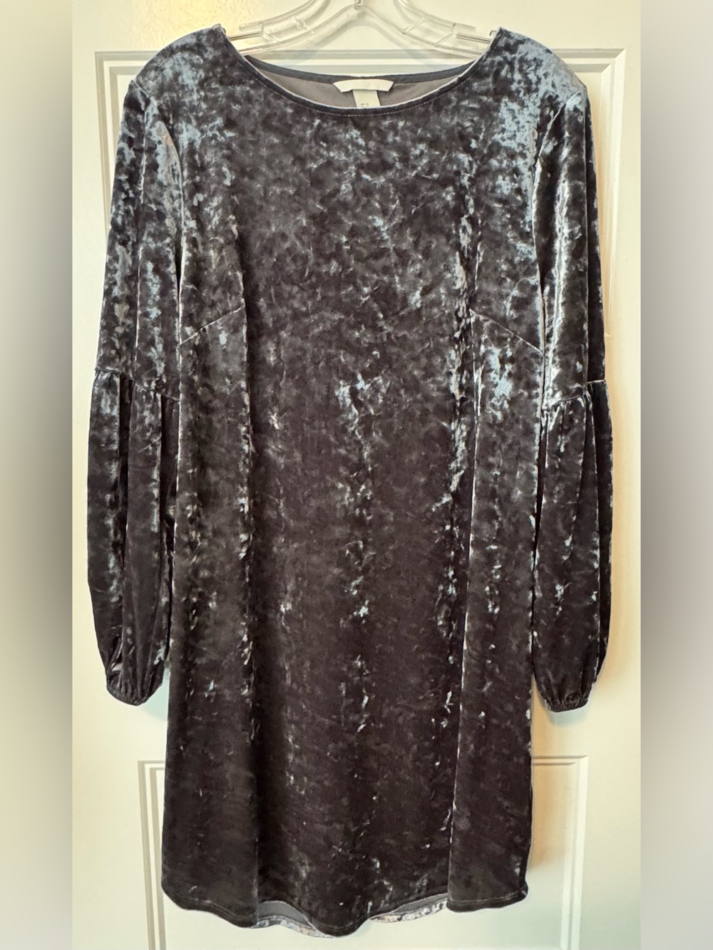H&M Gray Crushed Velvet Balloon Sleeve Shift Dress Size 14
